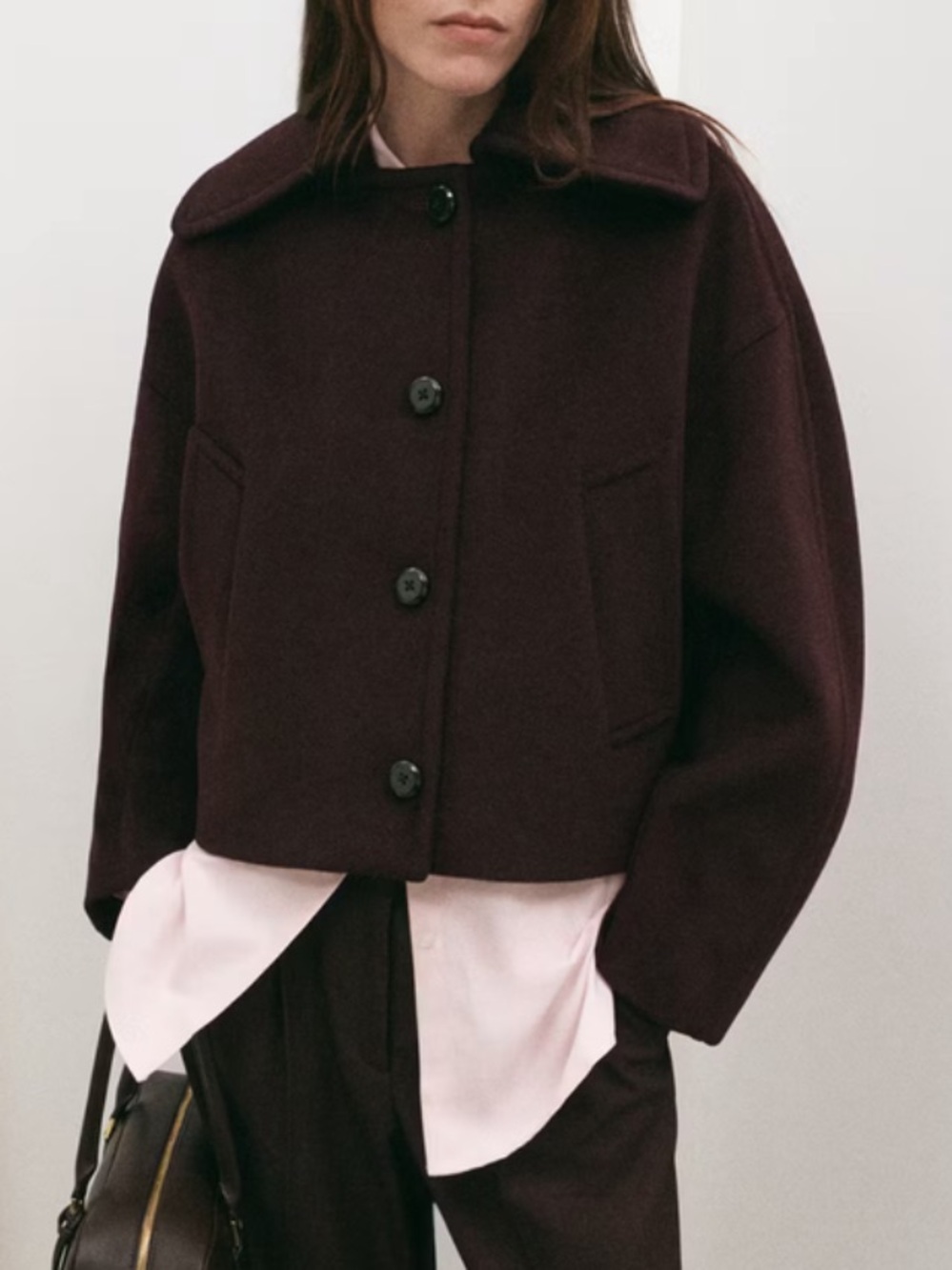 Mango Wool Short Jacket in Deep Plum